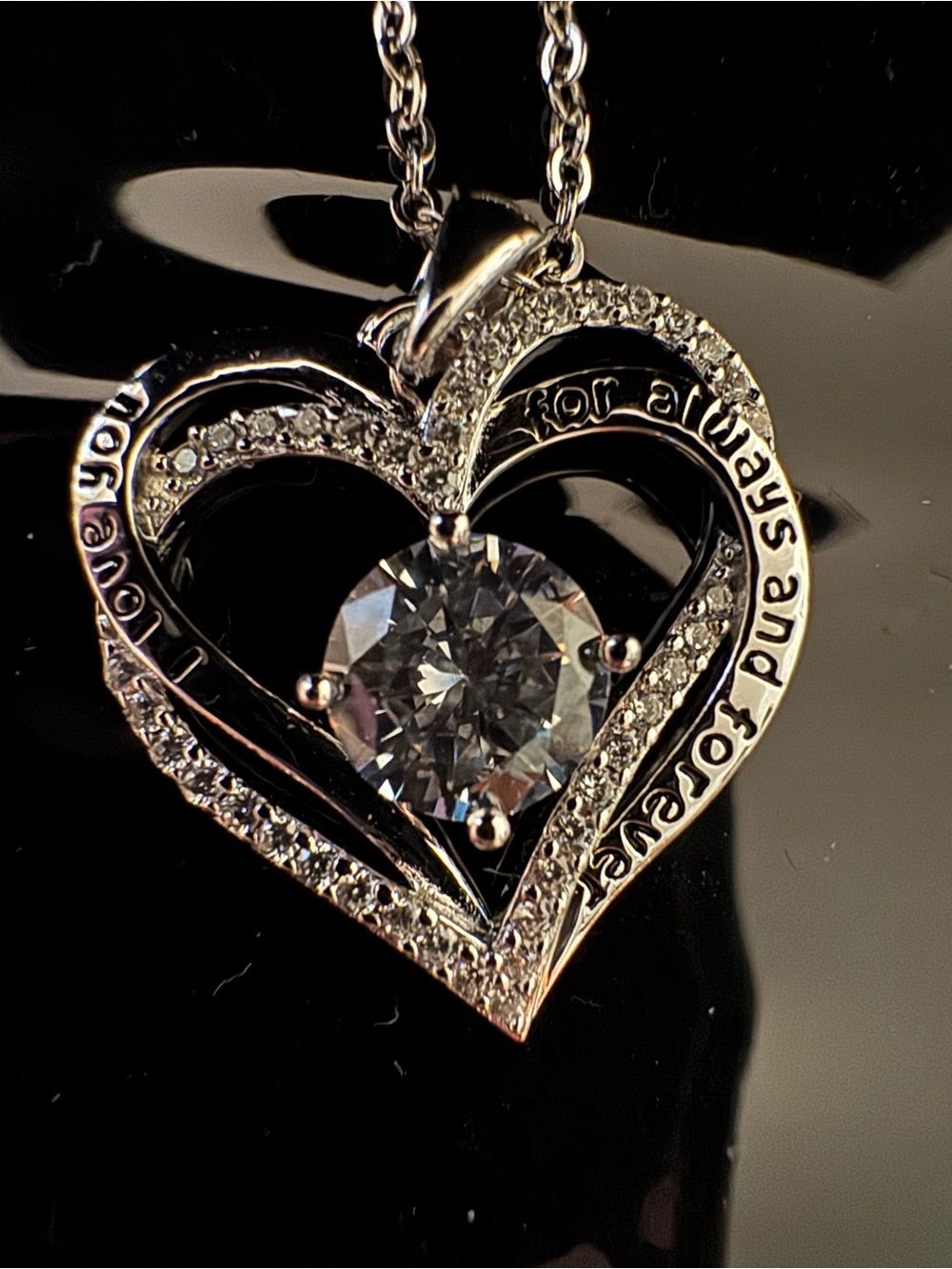 Sterling Silver Heart Pendant Necklace with Center Cubic Zirconia - Silver
